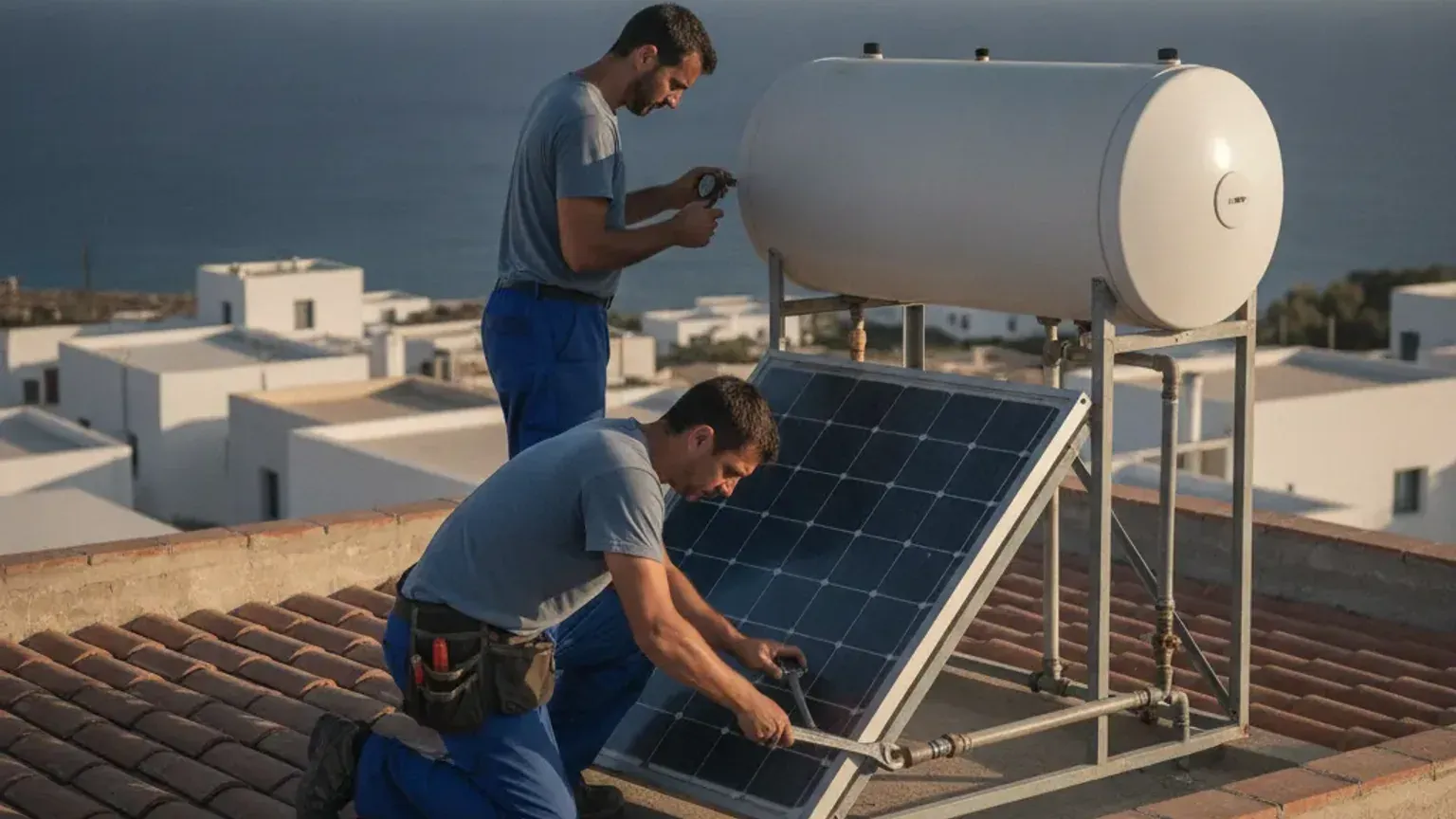 Kiremitli çatıda güneş enerjisi kolektörünün bağlantısını sıkan iki teknisyen, arkada deniz ve kıyı yerleşimi