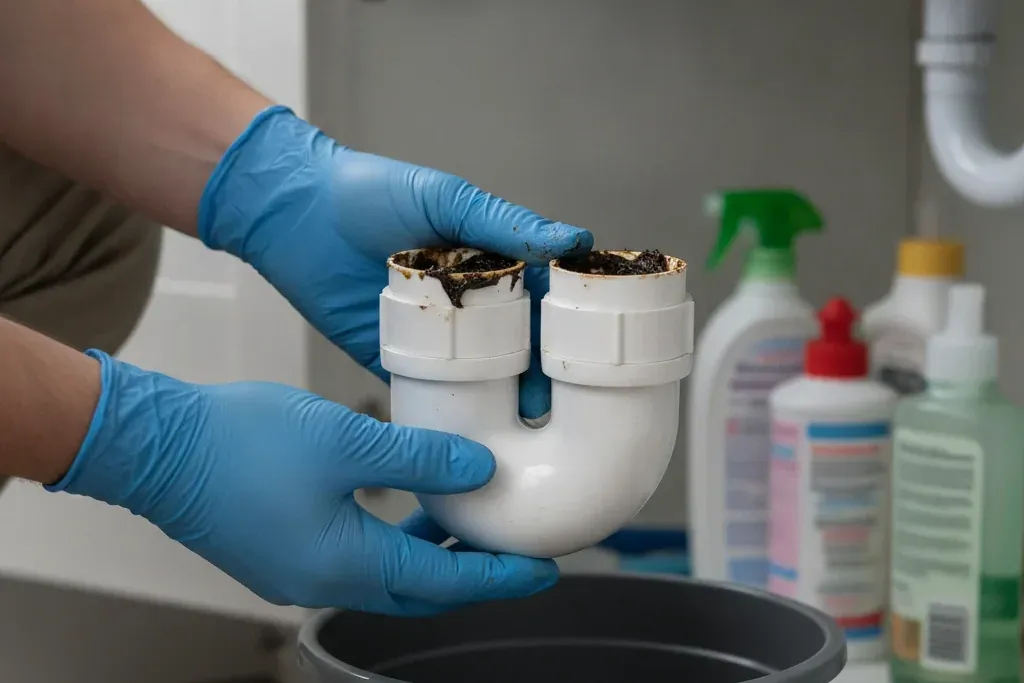 Mutfak dolabı altında sökülmüş plastik sifon ve içindeki koyu yağ birikintisi