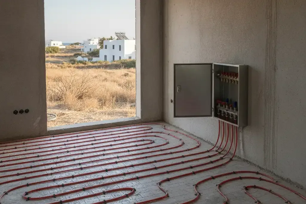 Yalıtım levhası üzerine spiral biçimde serilmiş kırmızı yerden ısıtma boruları ve kolektör dolabı